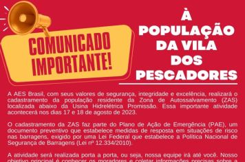 Aviso Importante à população da Vila dos Pescadores!