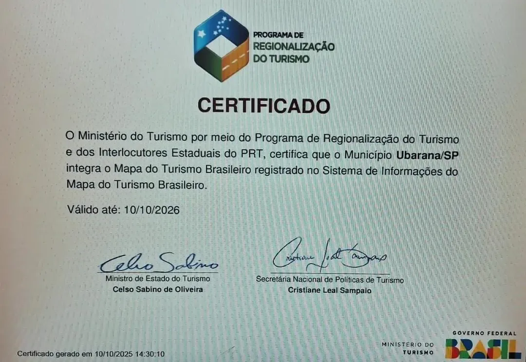 Ubarana-SP Conquista Inclusão no Mapa do Turismo Brasileiro