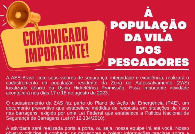 Aviso Importante à população da Vila dos Pescadores!